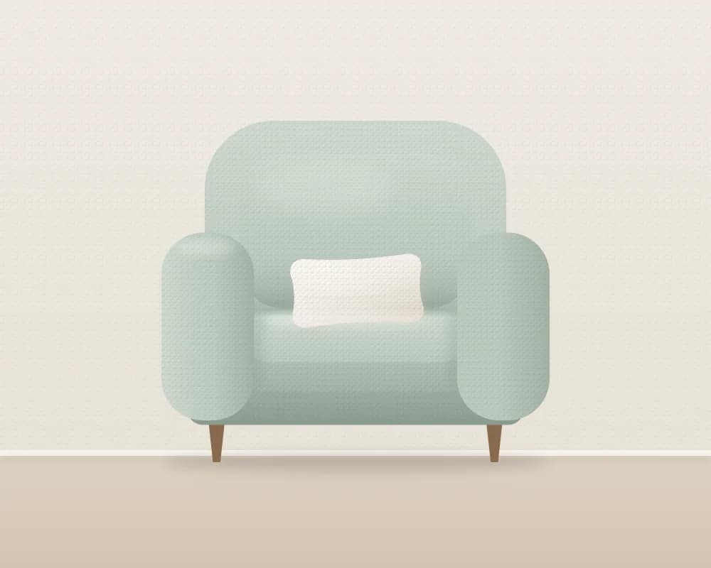 Ilustração de uma poltrona estofada verde-sálvia