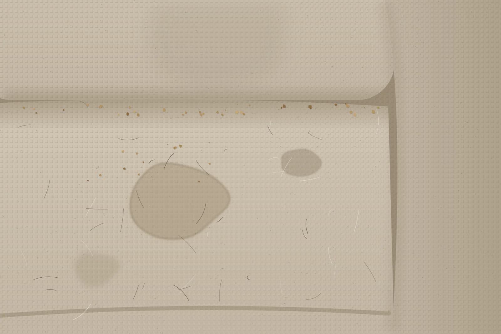 Ilustração de perto do assento de um sofá com manchas, migalhas e pelos