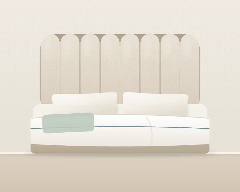 Ilustração de uma cabeceira estofada em gomos atrás de uma cama arrumada